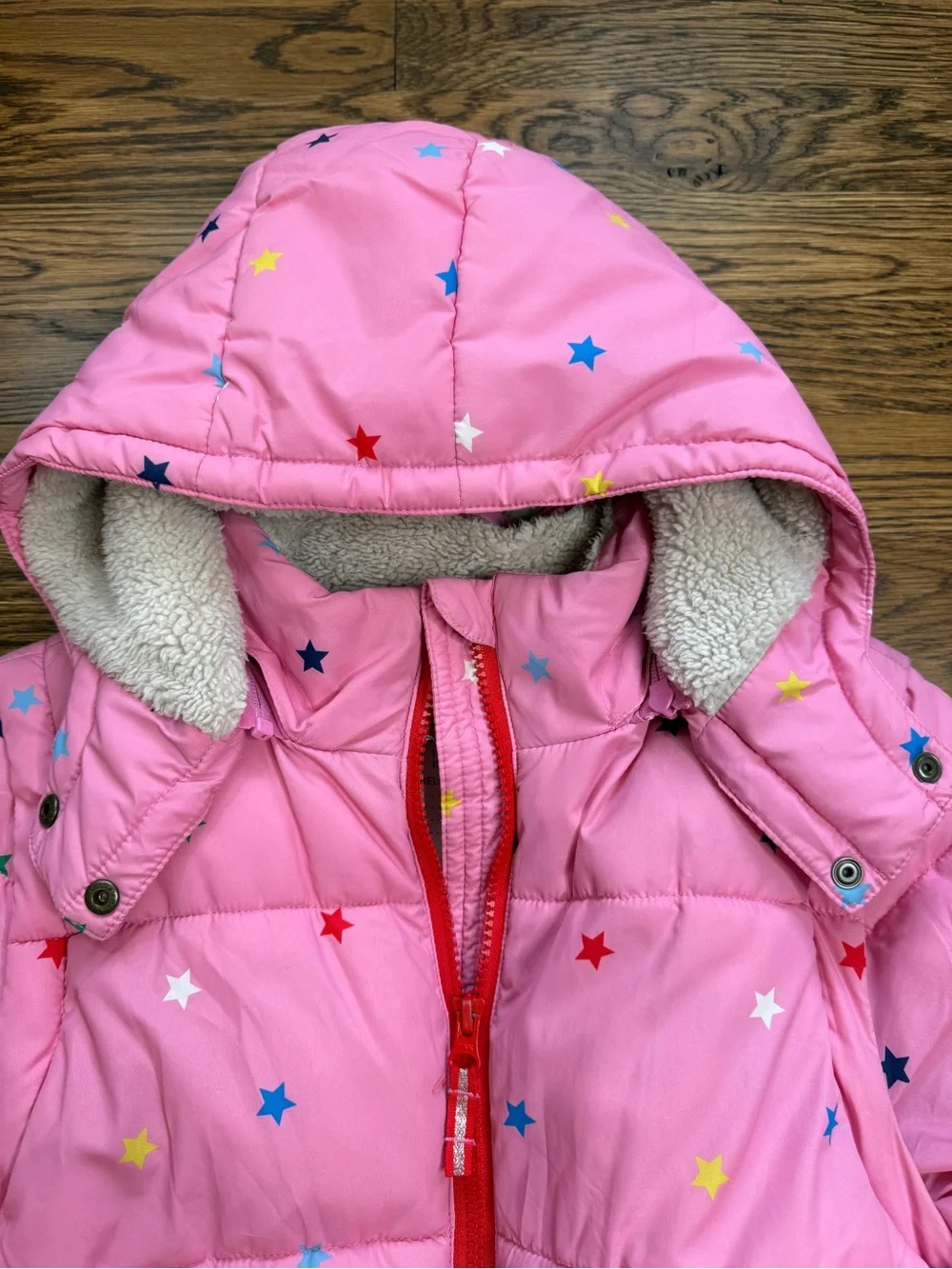Mini Boden Girls Pink Multicolor Star Print 2-in-1 Puffer Jacket w/ Hood 11-12